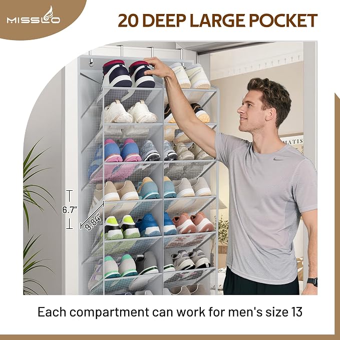 MISSLO 30 Pairs Over the Door Shoe Organizer Breathable Mesh Hanging Shoe Rack for Closet Storage with Wide Deep Pockets 10 Tier Shoes Holder Fit All the Family's Sneakers, Boots, Heels (Grey, 71")