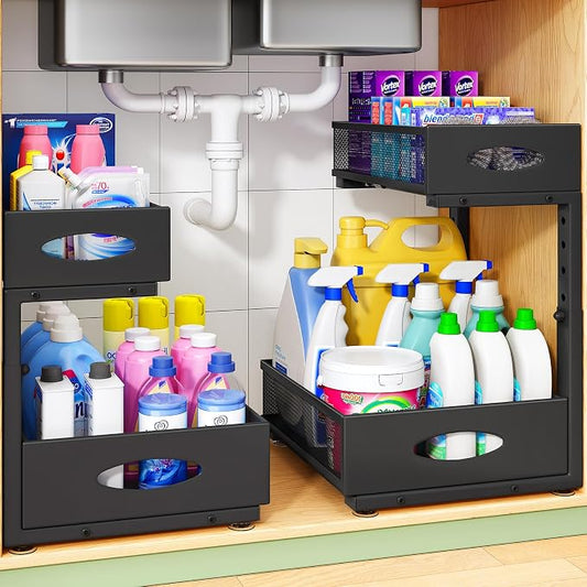 Under Sink Organizer, 1-Pack Pull Out Cabinet Organizer 2 Tier Metal Slide Out Storage Shelf Rack, L-Shaped Adjustable Height,Mesh Sliding Drawer for Kitchen, Bathroom, Laundry, Pantry, Black, XL