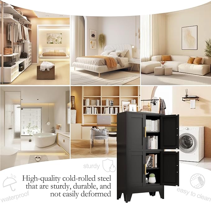 GAIOUS 47.25" Metal Storage Cabinet, Black Kitchen Food Storage with 4 Door and 2 Adjustable Shelves, Freestanding Bathroom Cabinet, Pantry for Kitchen Dinning Room, Cupboard