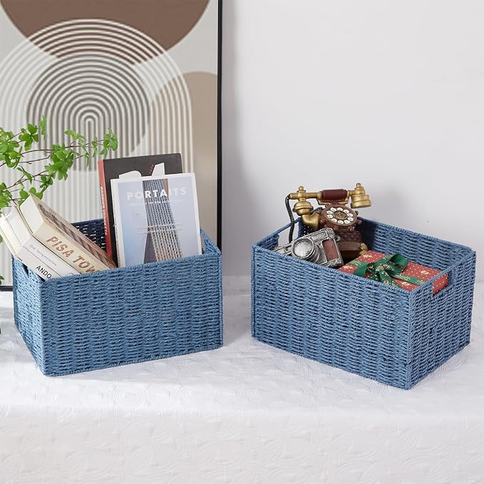 Vagusicc Wicker Storage Basket, Set of 2 Hand-Woven Paper Rope Wicker Basket, Large Storage Baskets for Organizing Toilet Paper, Foldable Cube Storage Organizer Bins for Shelves (Blue)