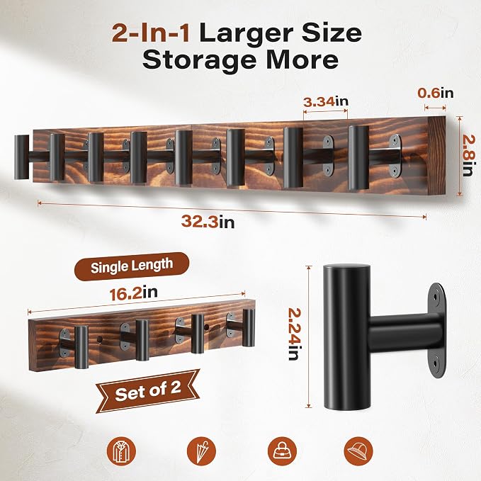 2 Pack Coat Rack Wall Mount with 8 Pre-Installed Metal Hooks | 32.3" Rustic Pine Solid Wood Coat Hooks Wall Mount for Hanging Jacket Hat Backpack, Entryway Living Room, Easy to install