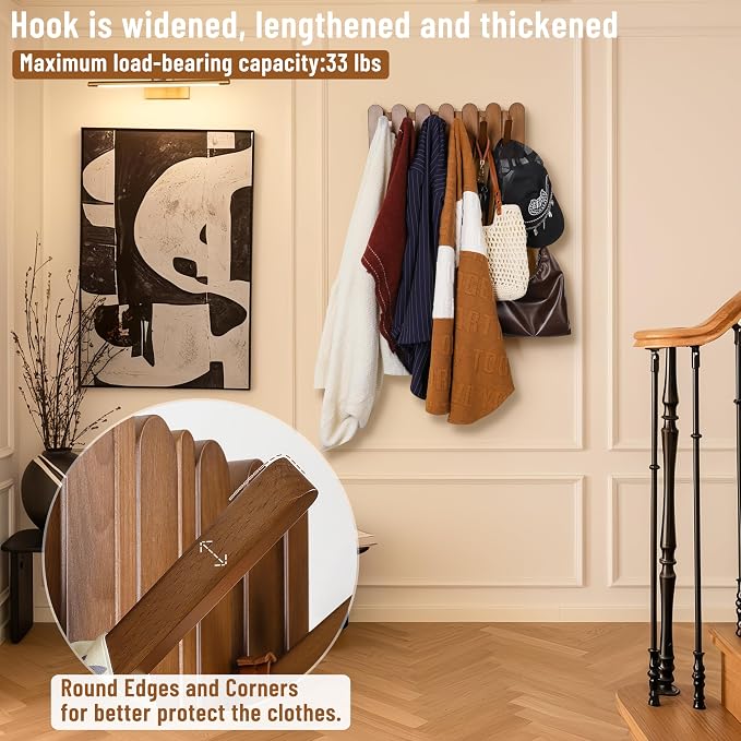 Wall Coat Rack for Entryway: Wooden Modern Heavy Duty 6 Hooks | Foldable Wall Mounted for Small Spaces Entryway Bathroom for Hanging Jacket Towel Backpack - Space Saving Home Decor