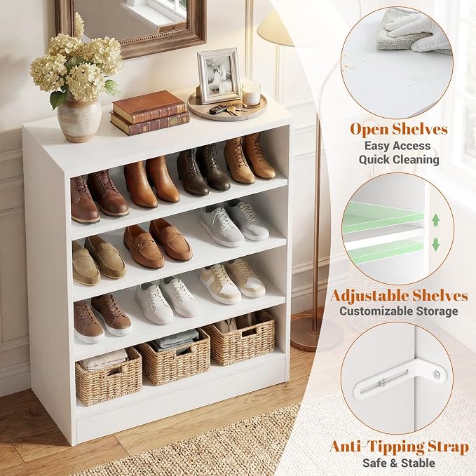 Shoe Cabinet, 5-Tier Modern Wood Shoe Storage Organizer, White | 3 Adjustable Shelves for Entryway, Multi-Purpose Display Shelf & Storage Cabinet for Living Room, Bedroom