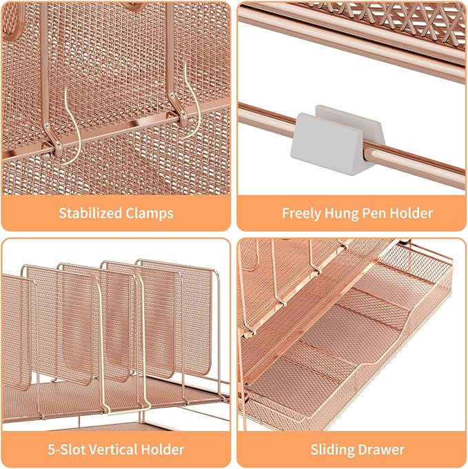 LEKETREE Rose Gold Desk Organizer, Office Organization with Vertical File Holder, File Organizer with Drawer and Office Supplies, Desk Accessories and Workspace Organizers (Rose Gold)
