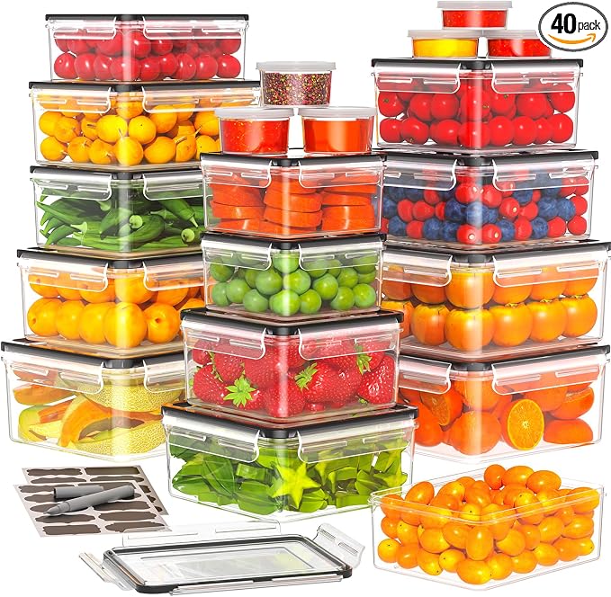 TOPCHASE 40 PCS Food Storage Containers with Lids Airtight (20 Containers & 20 Lids) - Plastic Food Containers for Kitchen Storage Reusable BPA-Free Leakproof Meal Prep Container with Labels & Pen
