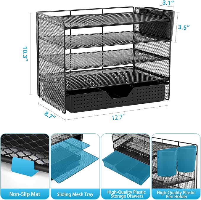 LEKETREE Desk Organizer and Accessories, 5-Tier Paper Letter Tray Organizer with Drawer & 2 Pen Holders for Desktop File Organization, Office Desk Accessories for Supplies Storage (Black)