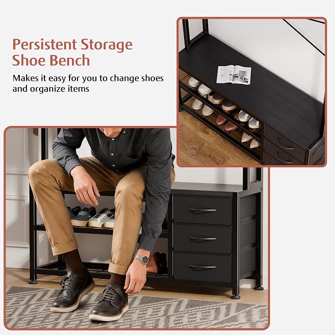 Hall Tree with Bench and 3 Drawers Storage, 39.4" Coat Rack Freestanding