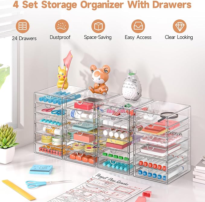 DOMNIU Acrylic Makeup Drawer Storage Organizer with 24 Drawers, 4 Set | Office Desk Organization and Storage, Dustproof Drawer Organizer for Makeup, Countertop, Jewelry, Desktop, Bathroom, Bedroom