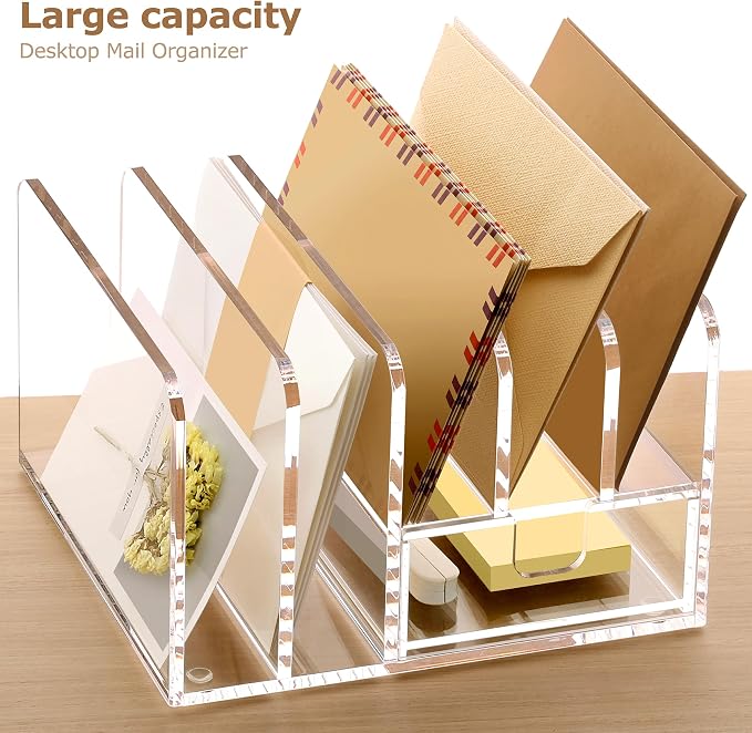Acrylic Mail Sorter Desk Organizer Holder with Drawer, 5 Compartments Clear | Small File Script Letter Document Storage for Desk Bill Filling Envelope Holder Office, Home, School Organization