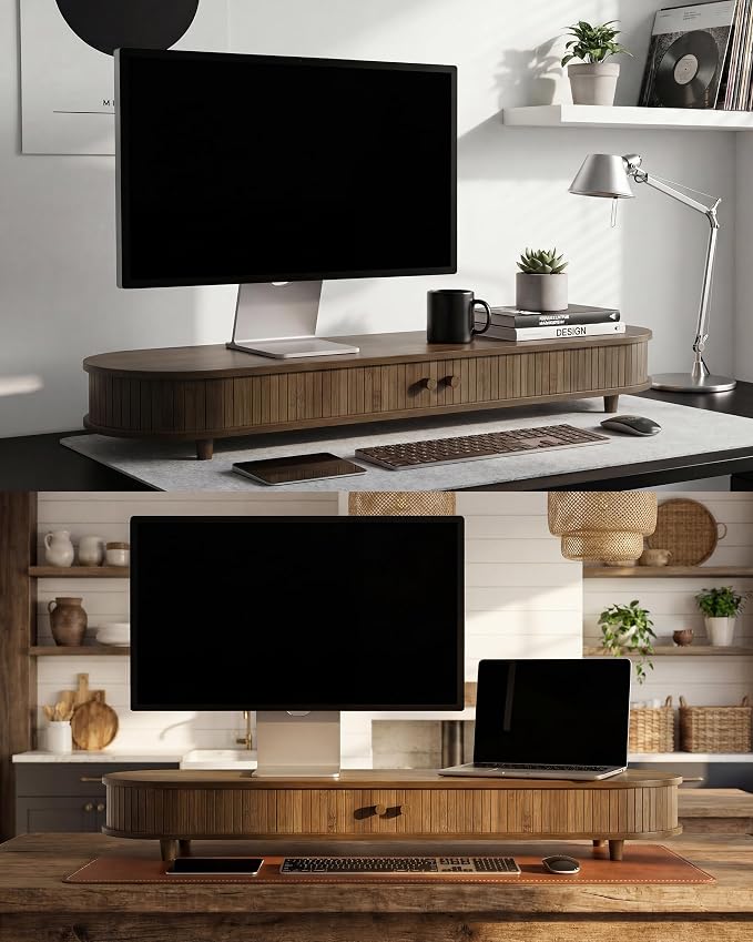 42 Inch Curved Dual Monitor Stand Riser with Storage Desk Shelf | Double Computer Stand with Sliding Doors for 55-72 Inch Cozy Workplace Computer Setup Desk Organizer Toasted Bamboo Color