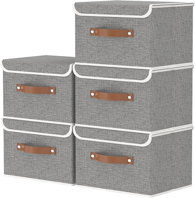 OUTBROS Collapsible Storage Boxes, Grey, 5 Pack 10.2 x 7.9 x 6.7 in | Cotton and linen cloth Storage Baskets with Handle, for Books, Closet, Bedroom, Home