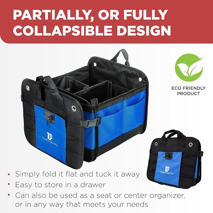 Blue Car Cargo Trunk Organizer for SUV & Auto Storage, Large | Fits Cars, SUVs & Trucks Organizes Sports Gear Keeps Cargo Secure Easy Everyday Storage Space-Saving Car Accessories