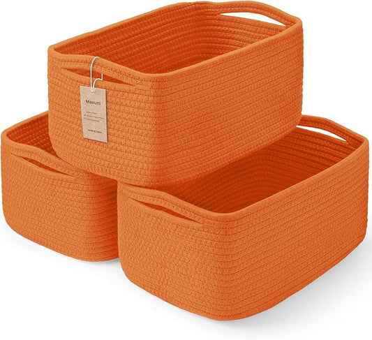 3-Pack Storage Baskets for Organizing | Woven Shelf Toy Basket | Rope Baskets for Gifts Empty | Closet Organizer Bins with Handles | Cube Decorative Box | 13.7×7.1×6.7” | Orange