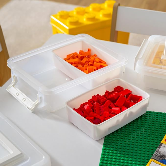 IRIS USA Storage Bins with Lids |Made in USA| 1 Qt - (2-Pack) - White | Built-In Handle Tote / 2 Removable Organization Trays / Plastic Containers for Crafts & Art Supplies / Interlocking Latches