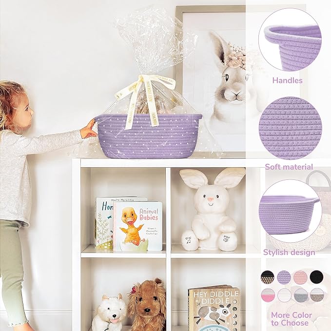 CHICVITA Gift Basket Empty with Bags & Ribbon for Baby Shower, Purple | 12"x 8"x 5" Woven Gift Basket Empty to Fill for Holiday, Rope Baskets for Organizing, Birthday Basket, Dog Toy Basket