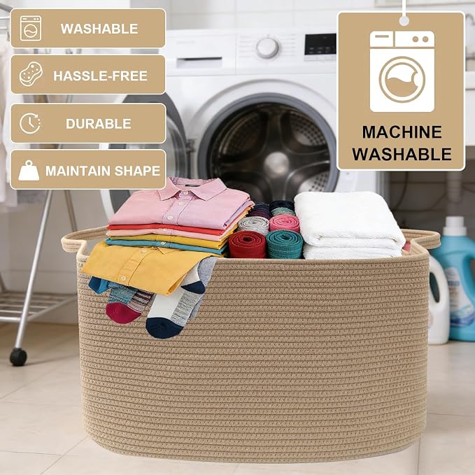 65L Collapsible Woven Rope Laundry Basket with Handles,Jute | 21x16x12 Foldable Rectangular Blanket Basket for Toys, Clothes & Pillows,Ideal for Nursery, Bathroom, Bedroom, Living Room