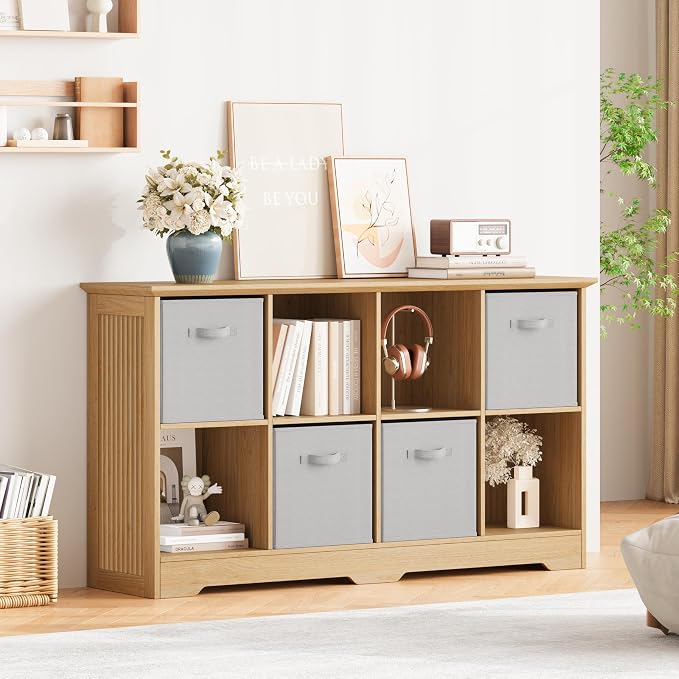 8 Cube Storage Organizer Shelf, Wood Cubby Storage with 4 Fabric Drawers | 2 Tier Wooden Bookshelf with 2 Adjustable Shelves, Fluted Side Panels Bookcase for Living Room, Home Office, Wood