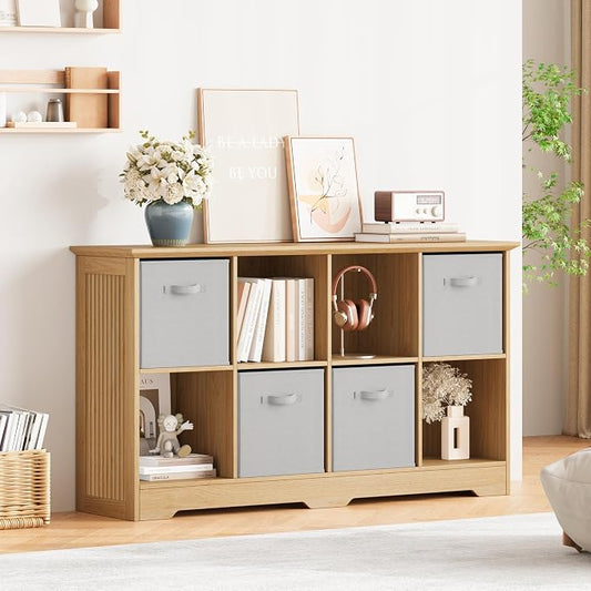 8 Cube Storage Organizer Shelf, Wood Cubby Storage with 4 Fabric Drawers | 2 Tier Wooden Bookshelf with 2 Adjustable Shelves, Fluted Side Panels Bookcase for Living Room, Home Office, Wood