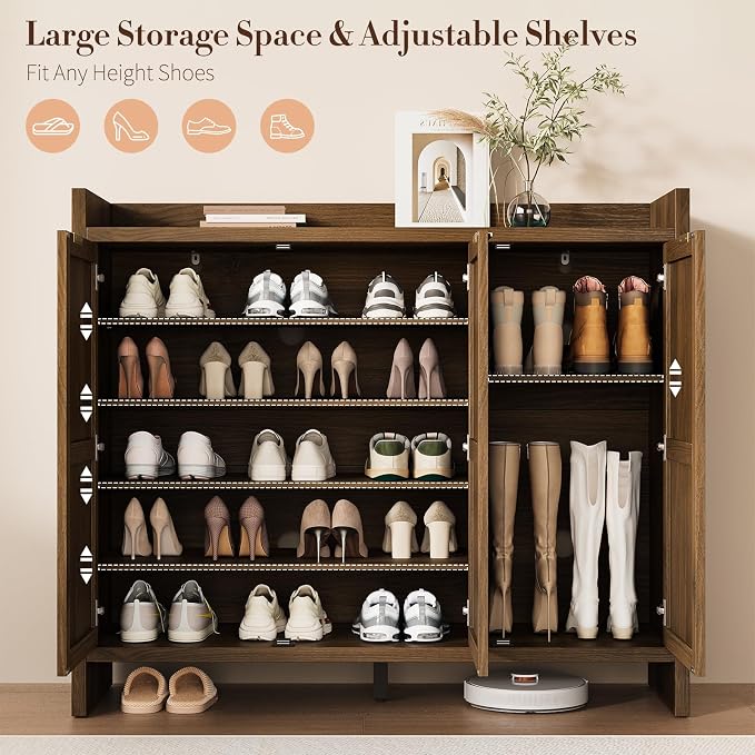 Shoe Cabinet Storage for Entryway - Rattan Accent Cabinet with 3 Doors & Adjustable Shelves, 6-Tier Large Wood Shoes Cabinets with Organizer Rack for Entry Way, Hallway, Living Room, Walnut
