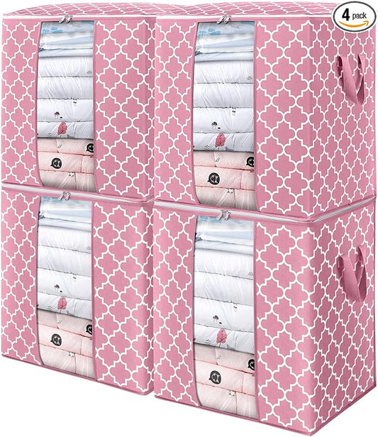 WISELIFE Storage Bags 4 Pack/100L Large Blanket Clothes Organization and Storage Containers for Comforters,Bedding, Foldable Organizer with Reinforced Handle, Clear Window, Sturdy Zippers,Pink