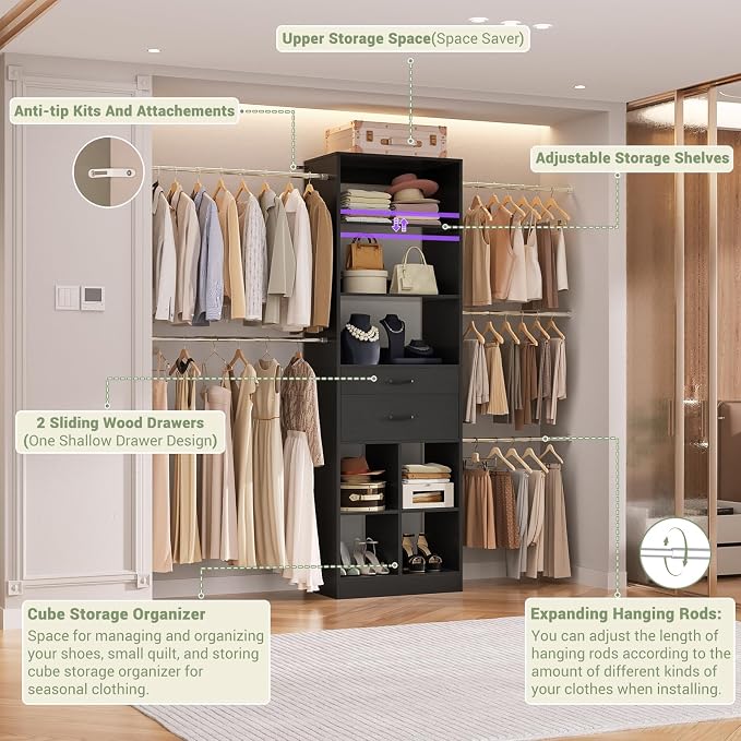 Besiost Closet System, 4-8 FT Closet Organizer Tower with 2 Wooden Drawers and Shelves, Can Fit 60 to 96 inch Walk-in Closet System with 5 Hang Rods, Built-in, Black