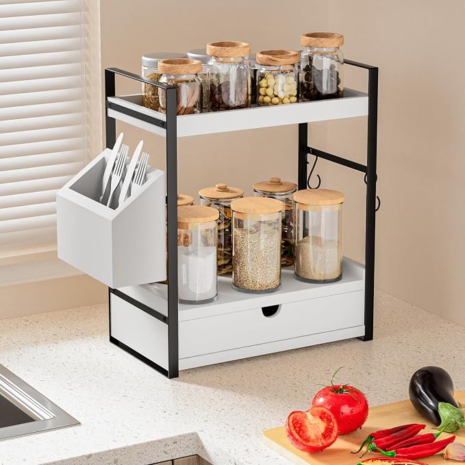 2-Tier Bathroom Counter Organizer, Wooden Vanity Shelf with Drawer & Basket | Pre-Drilled Holes, Skincare & Makeup Countertop Organizer and storage, White
