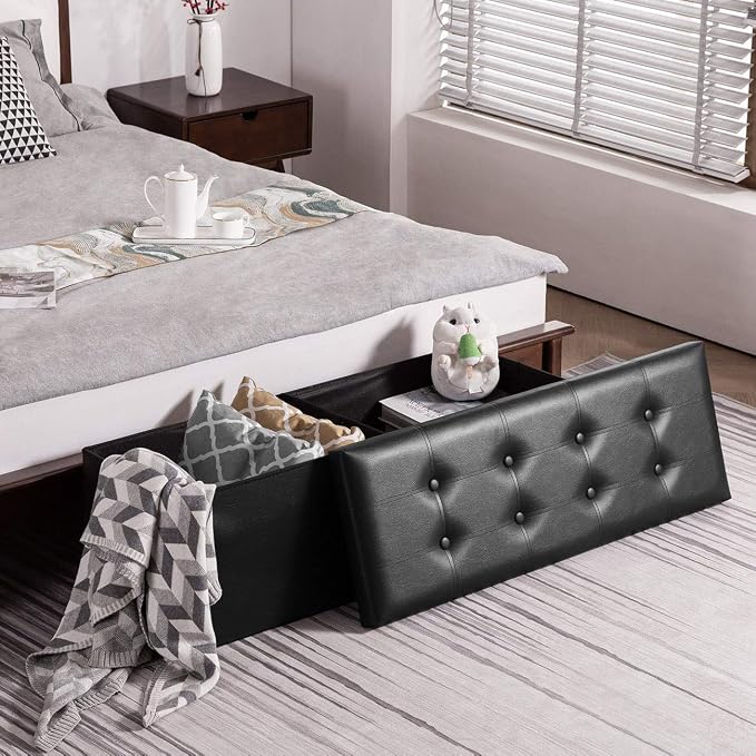 YOUDENOVA 43" Ottoman with Storage, Folding Faux Leather Bench, Black | Foldable ottoman with hidden storage, padded faux leather seat and sturdy MDF frame for everyday use.