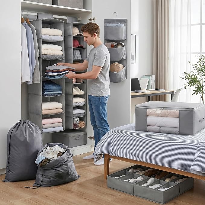 7 Pcs Dorm Storage Organizer Set College Dorm Room with Hanging Closet Organizer Under Bed Shoe Organizers Comforter Storages Bag Laundry Bags Non Woven Storage for Back to School