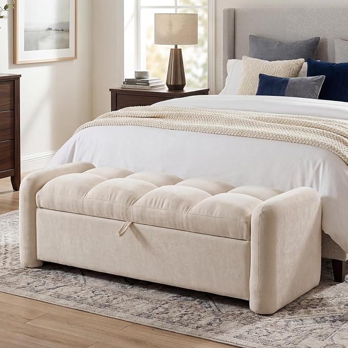 Oversized Ottoman Bench with Storage, Chenille Beige | Oversized Storage Bench，Ottoman Foot Rest