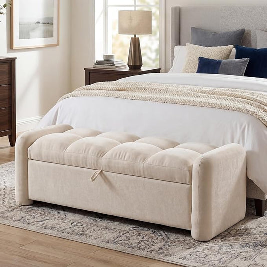 Oversized Ottoman Bench with Storage, Chenille Beige | Oversized Storage Bench，Ottoman Foot Rest