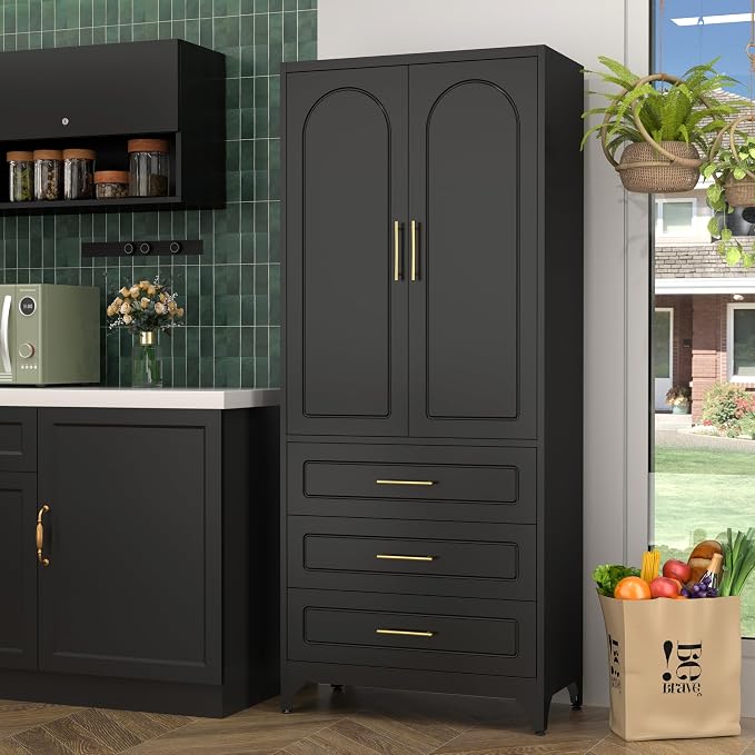 SteeLoong 75”Kitchen Pantry Cabinet, Metal Storage Cabinet with 3 Drawers | Black Pantry Cabinets for Kitchen Storage with 2 Adjustable Shelves,Tall Freestanding Cupboard for Living Room,Kitchen,Garage