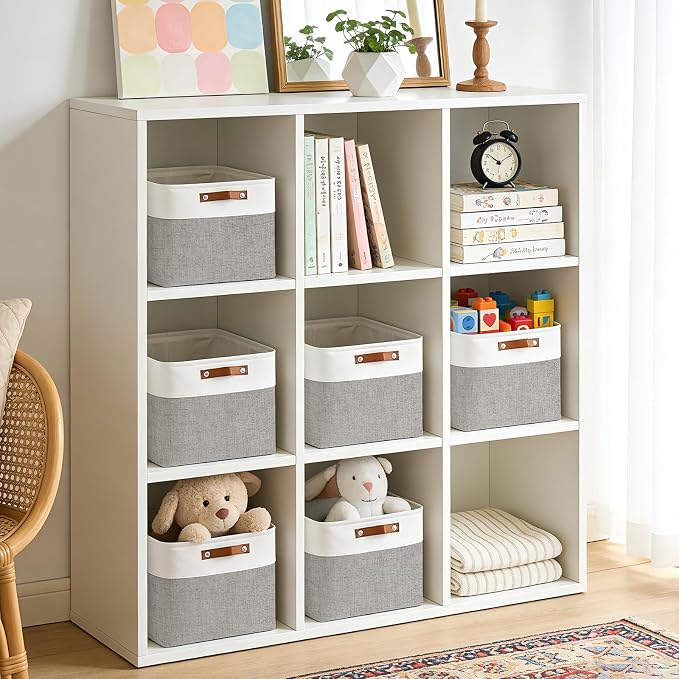 Bagnizer Collapsible Fabric Storage Cubes 11x11 Cube Storage Bins, 4 Pack Closet Baskets Box with Handles for Organizing, Shelf, Toys, Clothes, Home, Office, Nursery (Grey&White)