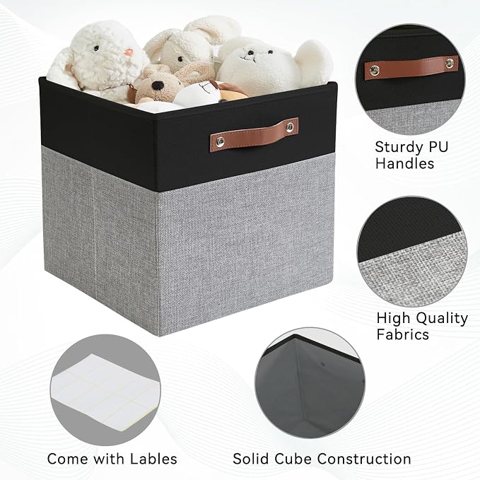 Bagnizer Collapsible Fabric Storage Cube Bins with 2 Reinforced PU Handles, Foldable Storage Organizer Baskets for Closet, Shelves, Living Room | 11"x11"x11", 4 Pack, Black & Gray