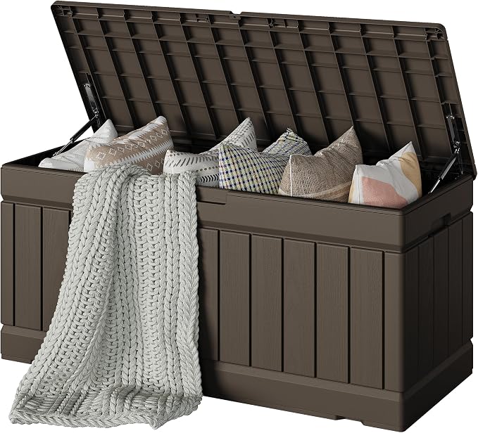 Devoko 78 Gallon Deck Box, Waterproof Resin Outdoor Storage Box | Outdoor Storage Bench Lockable for Outside and Patio Furniture, Garden Tools and Pool Supplies