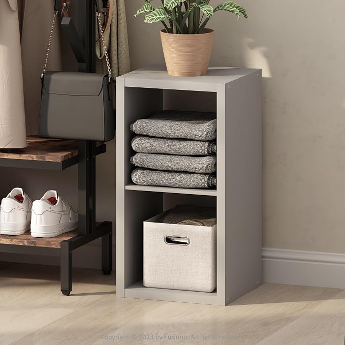 Furinno Cubic Extra Thick 2-Cube Closet Organizers and Storage, Light Grey | 14.6 x 16 x 30 in, Open Shelf Closet Storage, Closet Organizer, for Wardrobe, Bedroom, Living Room