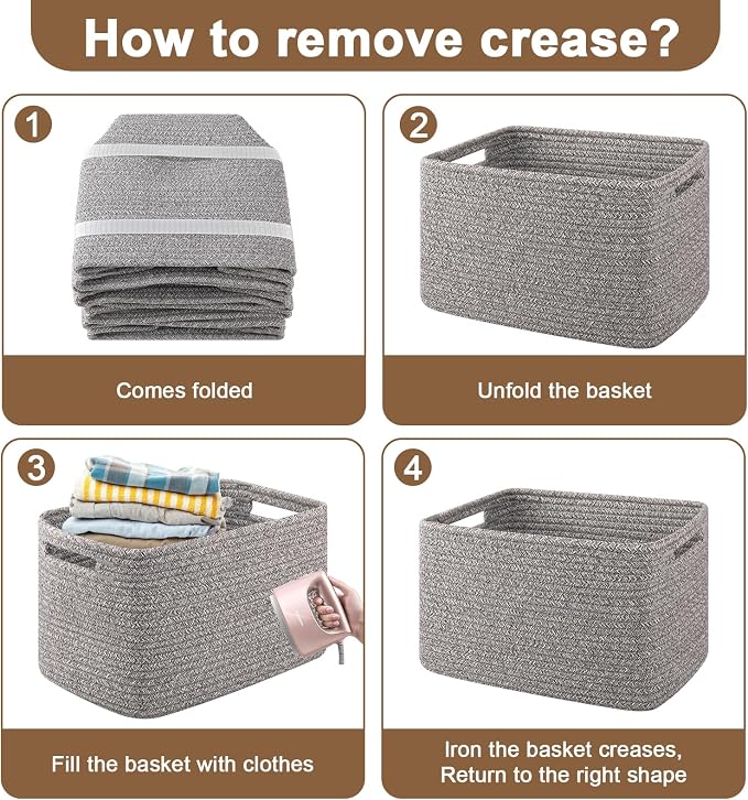 OIASKET 4Packs Natural Cotton Rope Storage Baskets for Organizing Toys, Clothes, Towels & Books, Soft Versatile Organizers for Shelves, Home Decorative Bins, 13''Lx9''Wx7.8''H, Grey