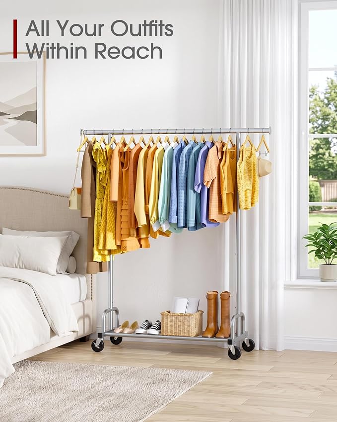 Sakugi Clothes Rack - Large-Capacity Clothing Racks for Hanging Clothes with Lockable Wheels, Space-Saving Metal Coat Rack for Bedroom, Laundry Room, Entryway, 45.6" x 16.9" x 59", Silver