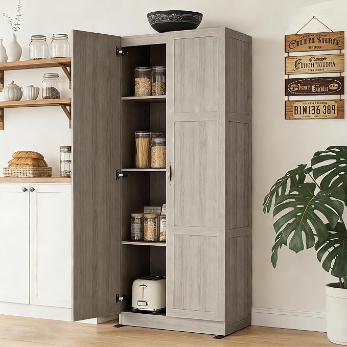 DUMOS Tall Storage Cabinet with Doors and Shelves, Kitchen Pantry Cabinet | 71'' Wood Storage Freestanding Cabinets for Bedroom, Pantry, Home Office, Dining Room & Living Room, Light Grey