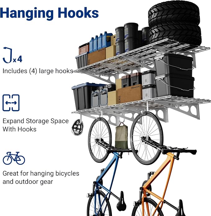 FLEXIMOUNTS 2-Pack Garage Shelving with Hooks, 2x6ft Storage Shelves, White | 24-inch-by-72-inch Wall Shelf Garage Storage Racks Floating Shelves, Rustproof Seamless Grid Design, Classic Series