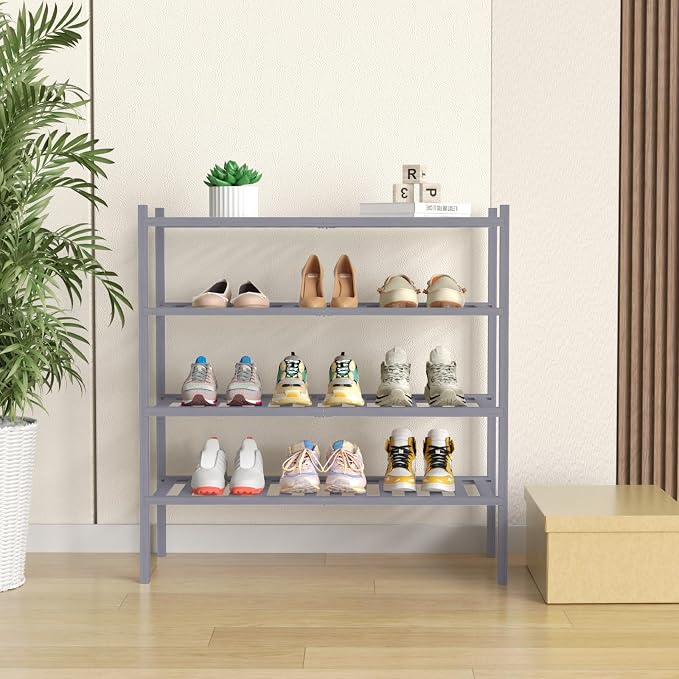 ROMGUAR CRAFT 4 Tier Bamboo Shoe Rack for Closet Free Standing Wood Shoe Shelf for Entryway Small Space Stackable 27"x11"x26" (Grey)