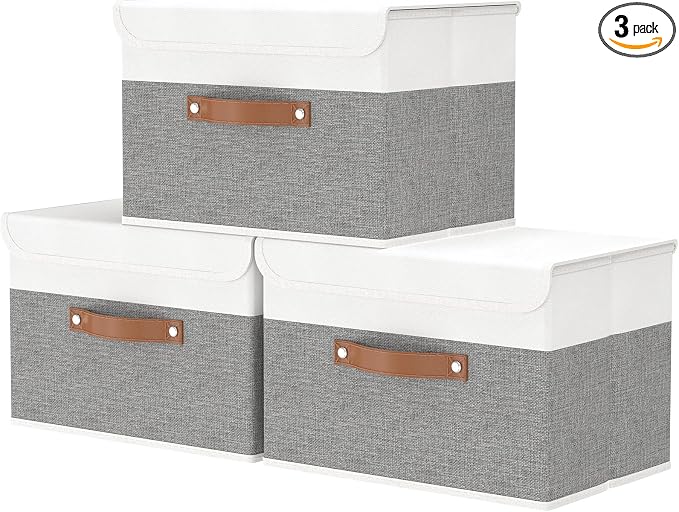 OUTBROS Storage Box with Lids, 17.7x11.8x11.8 inch (White/Grey, 3-Pack) | Foldable Linen Wardrobe Containers, Organiser For Towels, Clothes