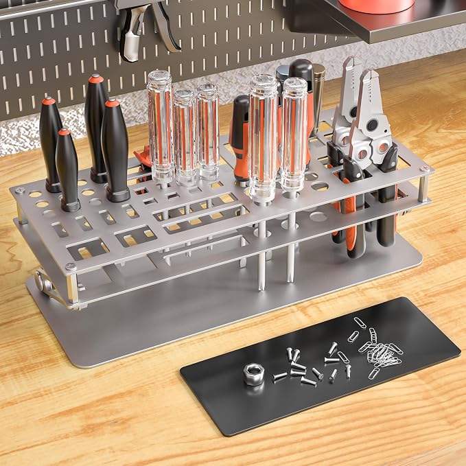 Screwdriver Organizer Holder Rack: Height Adjustable (Silver) | Angle Adjustable Screwdriver Storage for Desktop - Carbon Steel Tool Shelf for rc Repair, Plier