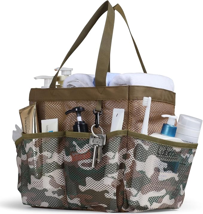 Mesh Shower Caddy Portable - 8 Pockets, S-Hook, Shower Bag for Dorm Camping | 2-Handle, Quick-Dry, Toiletry Organizer, College Dorm Room Essentials for Girls, Gym, Travel & Bathroom, Brown Camouflage