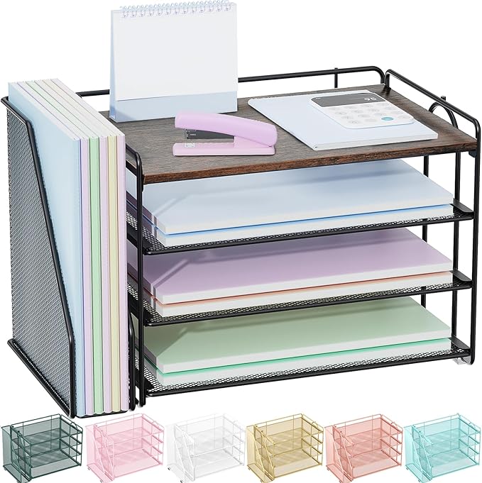 Spacrea 4 Tier Paper Organizer for Desk with File Organizer | Desk Organizers and Accessories Desk Accessories & Workspace Organizers for Office Supplies (Wood)