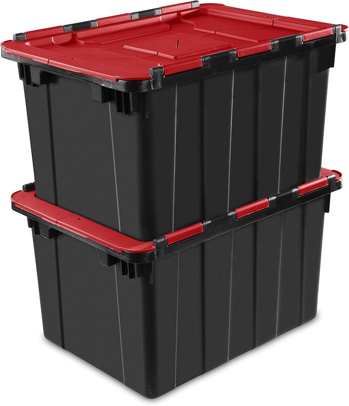 Sterilite 12 Gal Hinged Lid Industrial Tote, Stackable Storage Bin with Hinge Lid, Plastic Container to Organize Basement, Black with Red Lid, 6-Pack | Heavy-Duty and Stackable Utility Box Containers for Home, Office, and Basement Organization, Black/Red