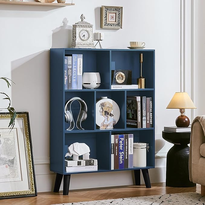 LEYAOYAO Cube Bookshelf, Mid-Century Modern Book Shelf with Legs, Dark Blue | 3 Tier Bookcase, Rustic Wood Bookshelves Freestanding Small Storage Organizer, Open Shelves for Bedroom, Living Room, Office