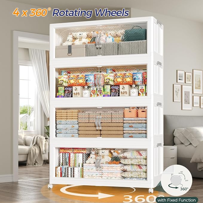 180QT Extra Large Stackable Storage Bins with Lid, 45Gal Plastic Closet Organizers and Storage Drawer, Collapsible Cabinet Box with Wheels Clear Doors for Home Kitchen Office, 3Pack White