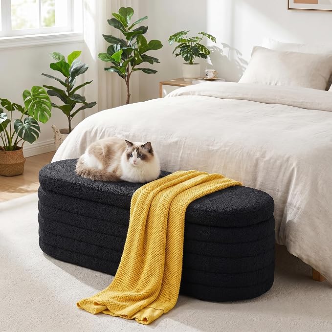 45.5" Black Ottoman with Storage, Sherpa | Upholstered Oval Design, Safety Hinge Lid, end of bed storage bench, Bedroom & Living Room, Entryway