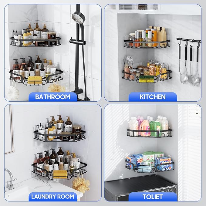 Corner Shower Caddy, Rustproof Shower Organizer with Soap Holder and 8 Hooks, No Drilling Adhesive Shower Shelves for Inside Shower, Large Capacity Shower Rack for Bathroom Shower Storage, X-Large
