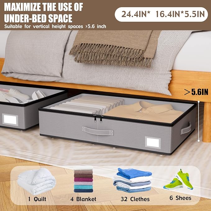 EE-RoomWorld Under Bed Storage with Wheels, No Assemble Required 5.5 inches height grey under bed storage bins,Low Profile Rolling Underbed Shoe Storage containers，dorm underbed storage drawers